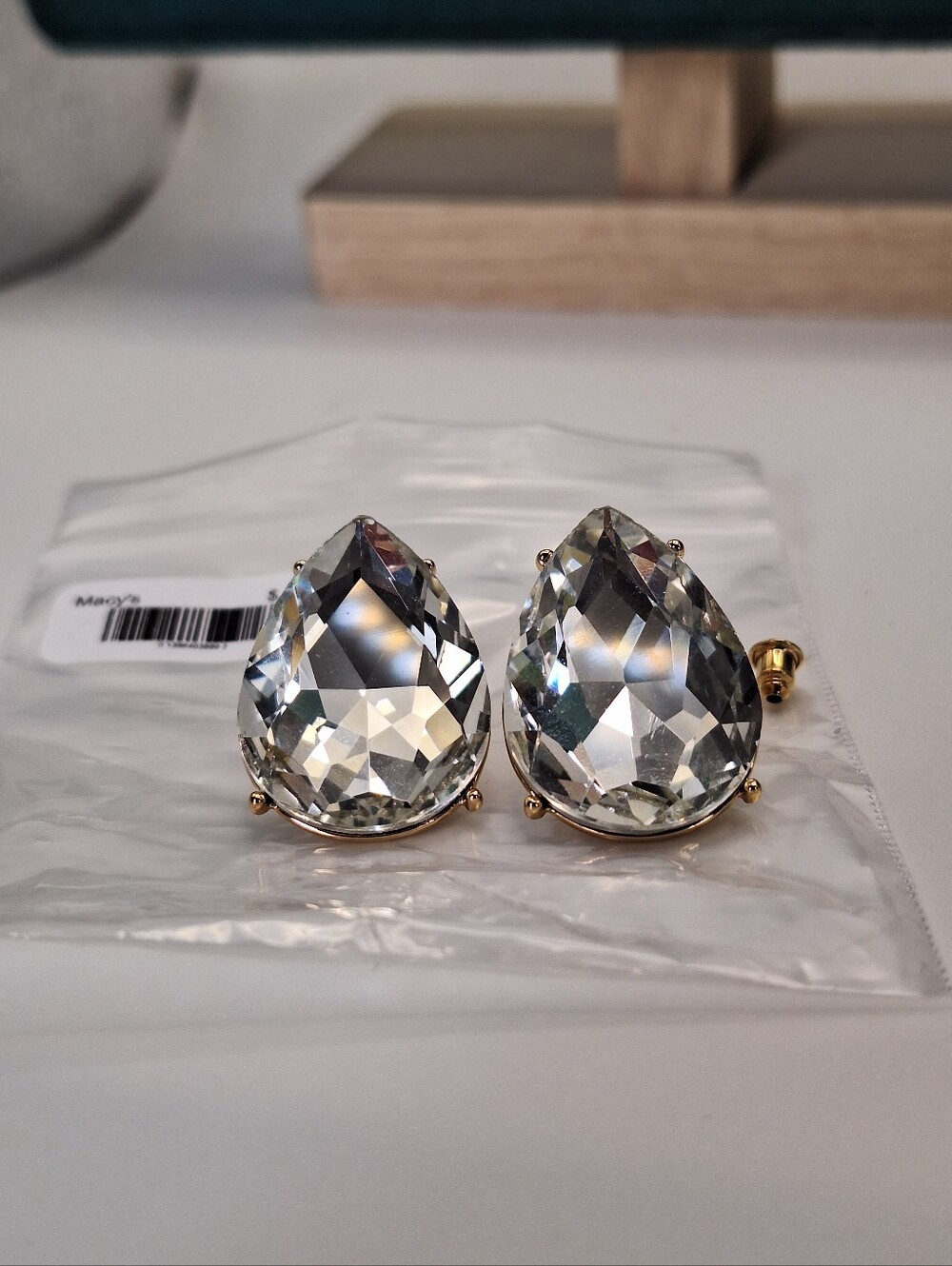 NWT Macy's Oversized Pear Cut Crystal Statement Stud Earrings | Gold Tone - Picture 1 of 13